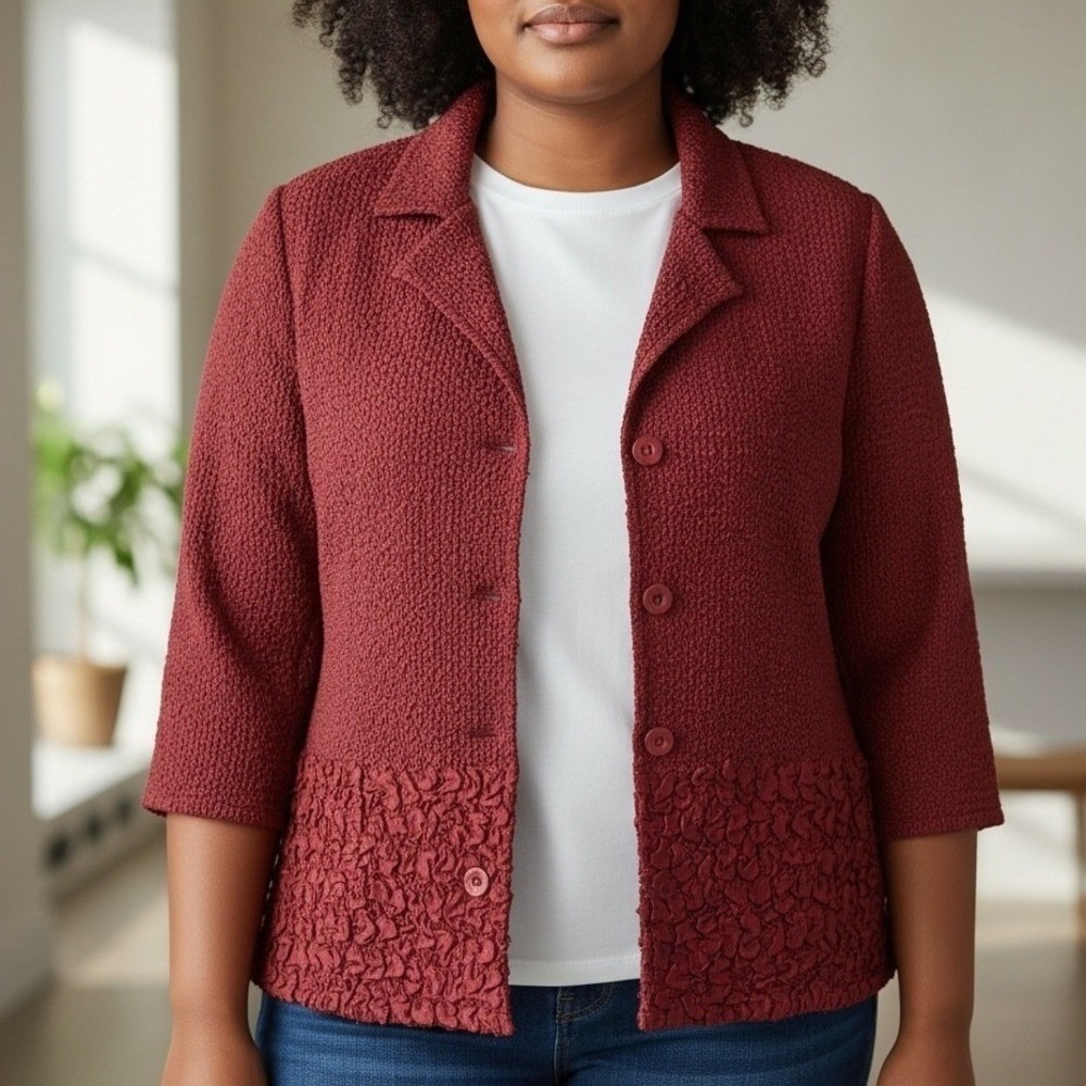 VTG 90s Once Again Womens Jacket XL Red Crinkle Textured Cardigan Retro Y2K
